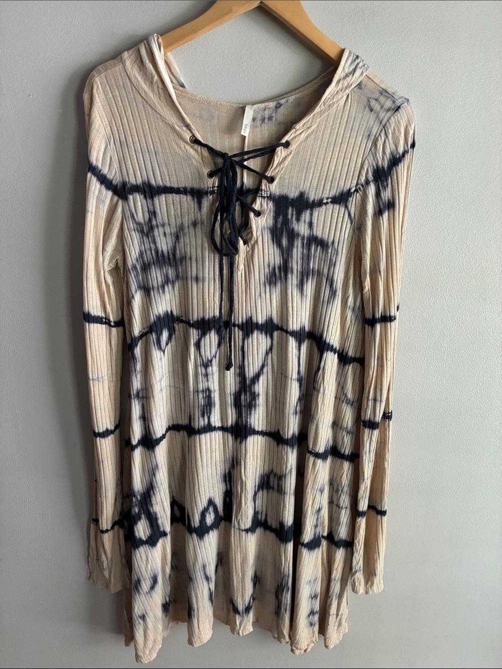 Sage Tie Dye Hooded Swing Dress Ribbed Lace Up Boho Festival Size Small